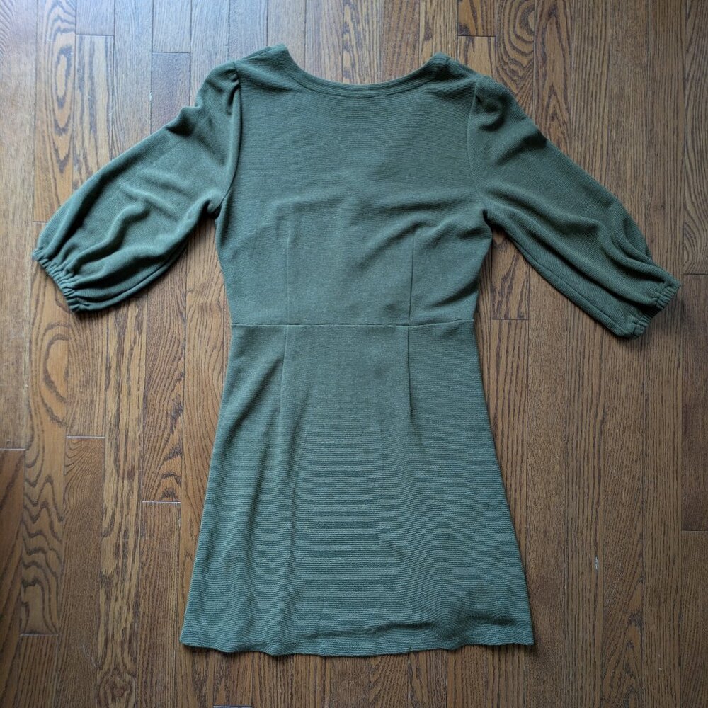 LOFT Olive Green Ribbed V-Neck Fit-and-Flare Dress - Picture 4 of 6
